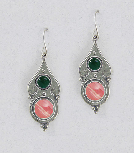 Sterling Silver Gothic Look With Rhodocrosite And Fluorite Gemstone Drop Dangle Earrings